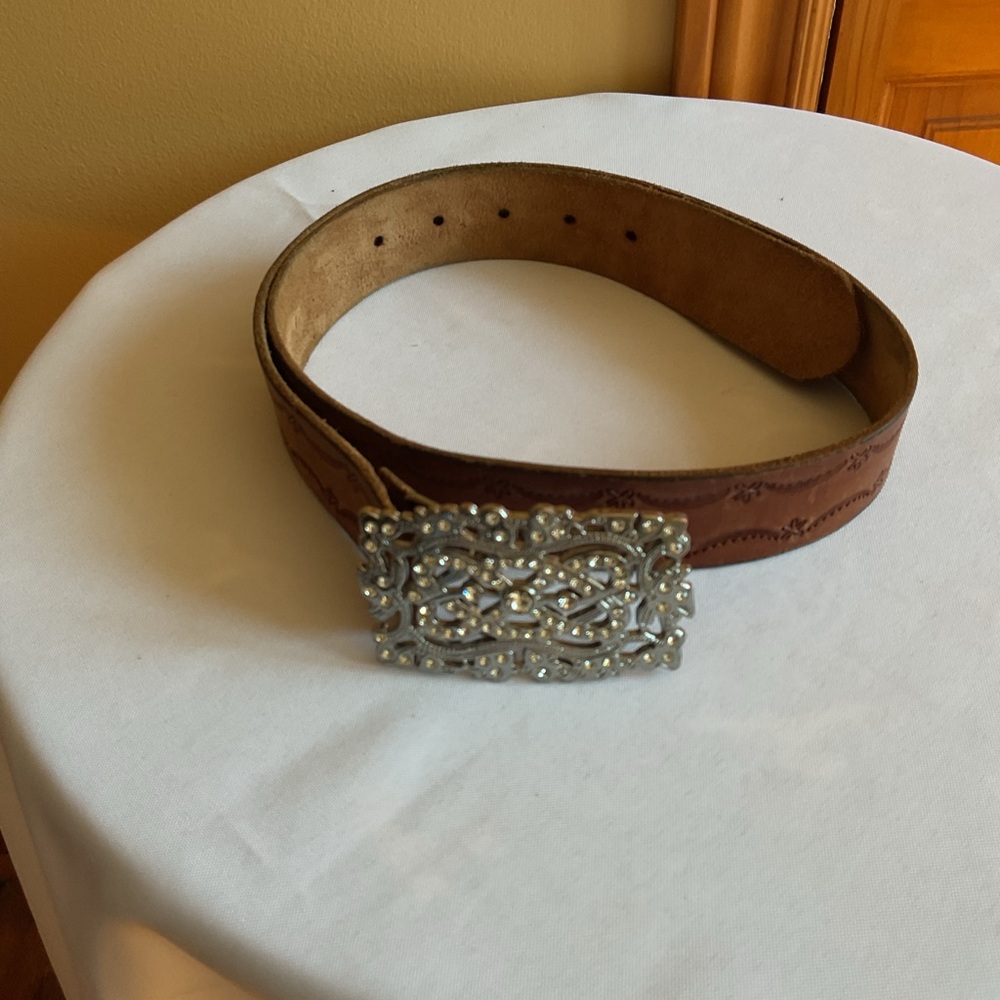 Old Navy Brown Leather Belt with Silver Rhinestone Buckle Size S